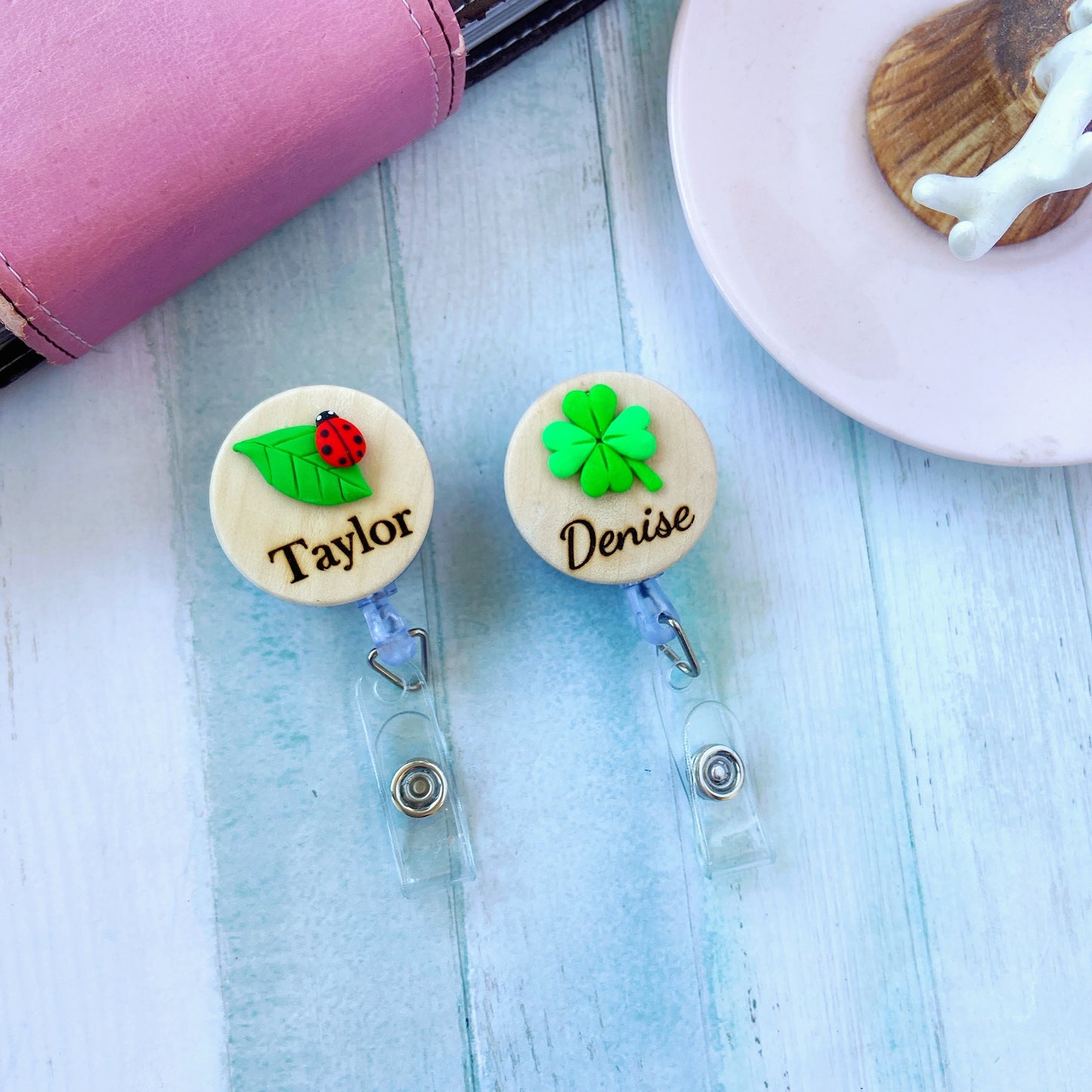 Handmade 3D Ladybug with Leaf Personalized Name Badge Reel