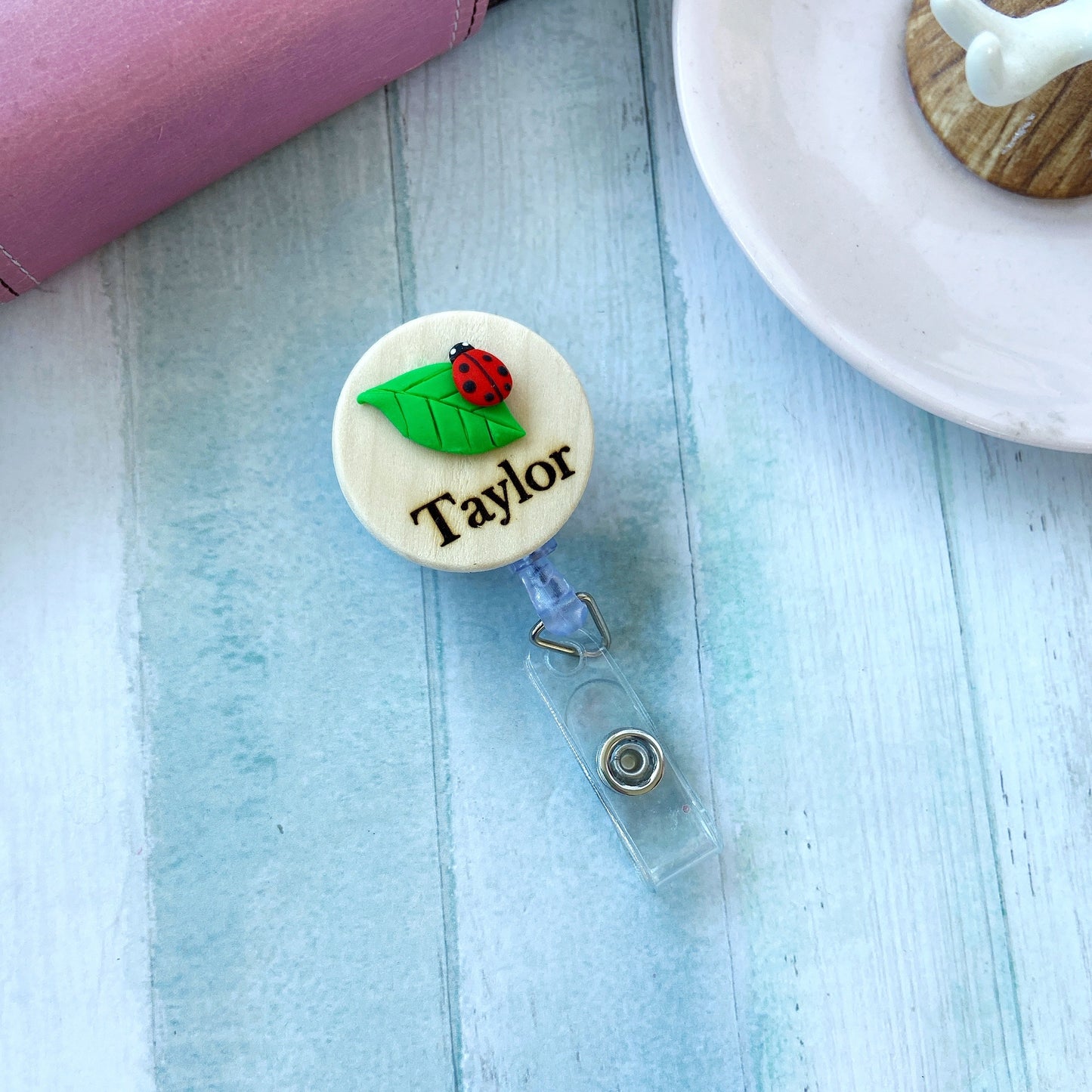 Handmade 3D Ladybug with Leaf Personalized Name Badge Reel