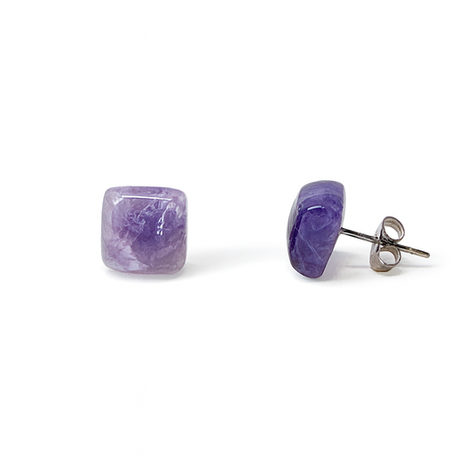 Amethyst 10mm Square Natural Stone Earrings