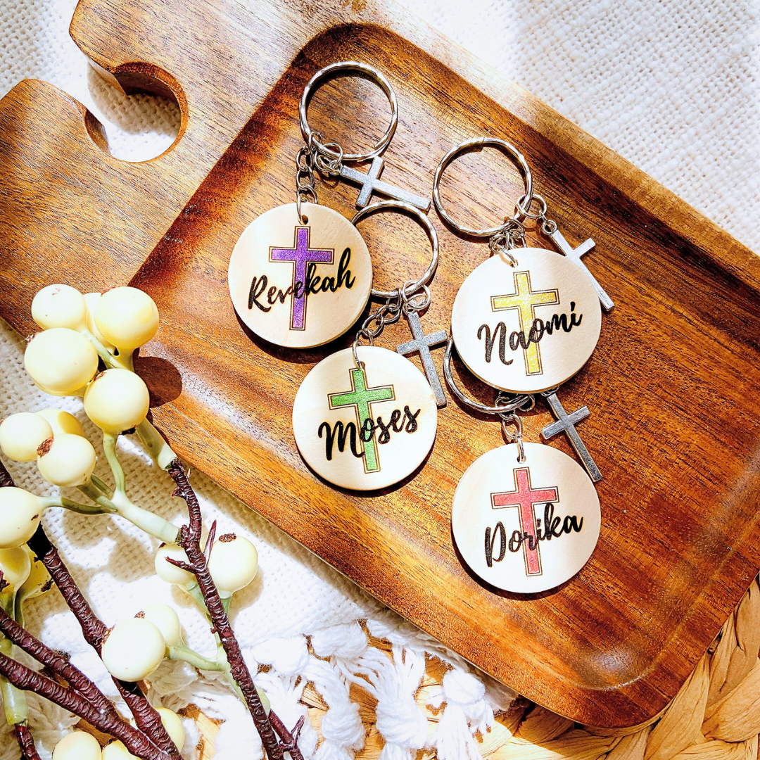 Personalized Wooden Cross Keychain with Name – Faith-Inspired Gift