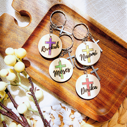 Personalized Wooden Cross Keychain with Name – Faith-Inspired Gift