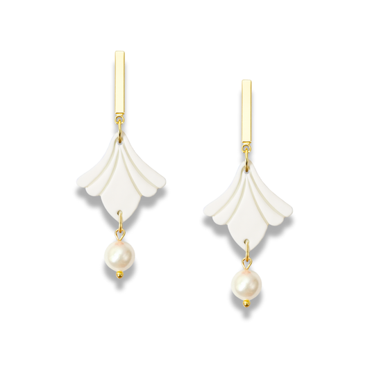 Pearl White Ginkgo Petal Earrings with Freshwater Pearl – Elegant Collection