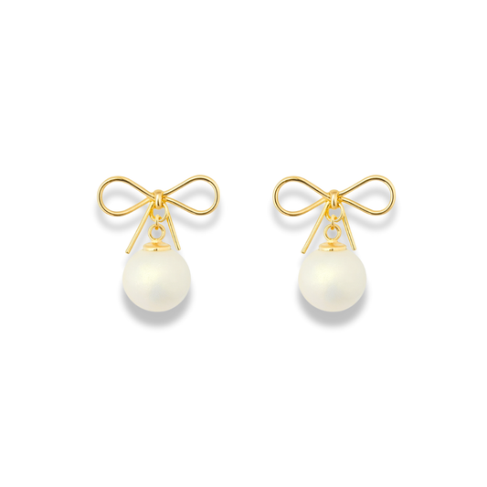 Short Drop Bow & Pearl Dangle Earrings – Elegant Dual-Length Design