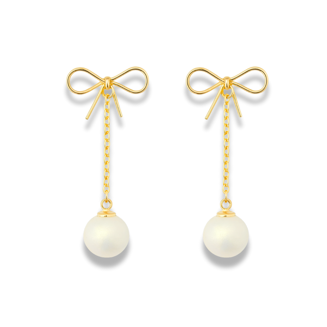 Short Drop Bow & Pearl Dangle Earrings – Elegant Dual-Length Design