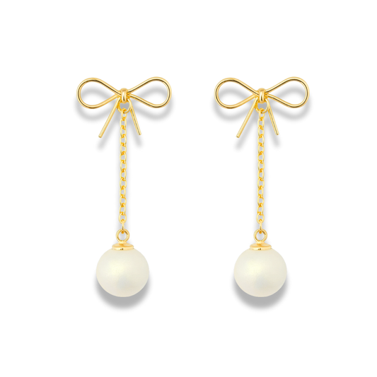 Long Chain Bow & Pearl Dangle Earrings – Elegant Dual-Length Design