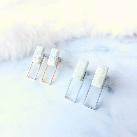 Marble Clay with Silver Rectangle Frame Stud Earrings