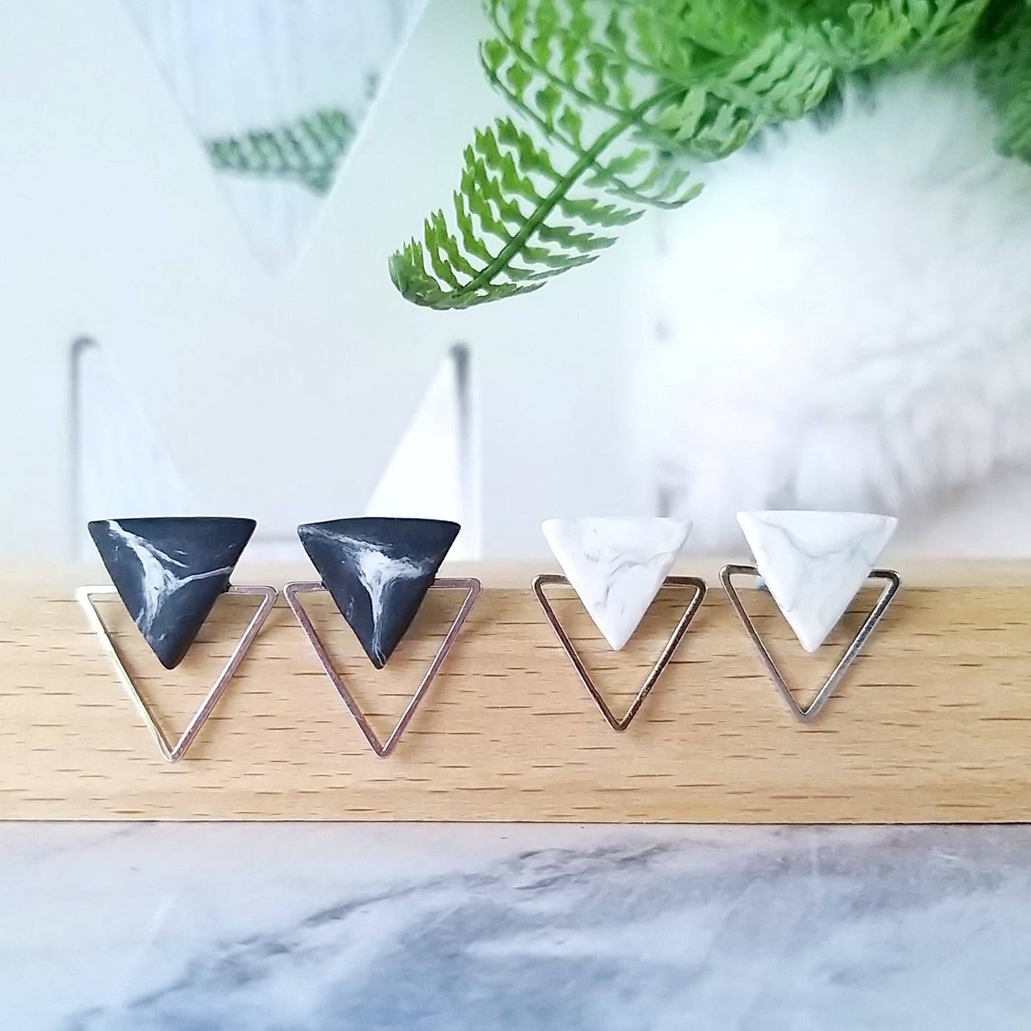 White Marble & Silve Fame Triangle Minimalist Earrings