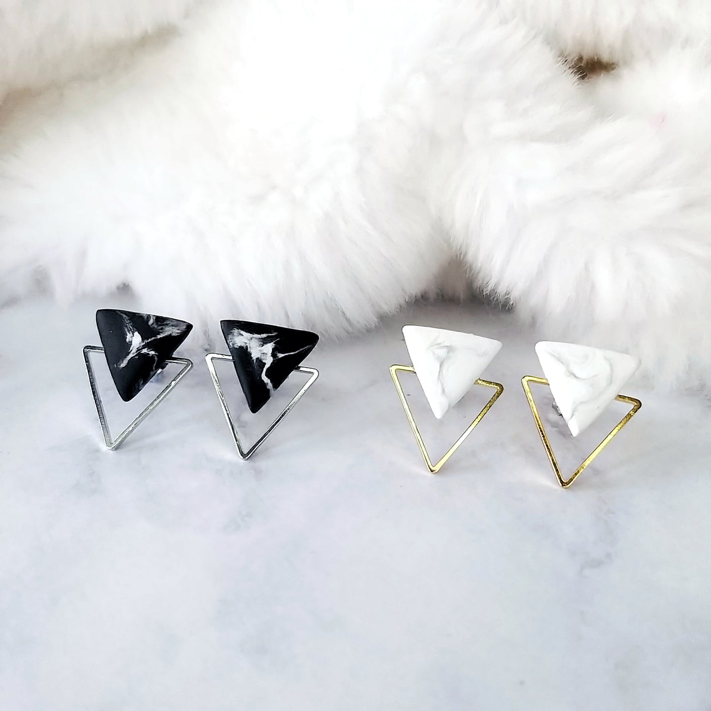 White Marble & Silve Fame Triangle Minimalist Earrings