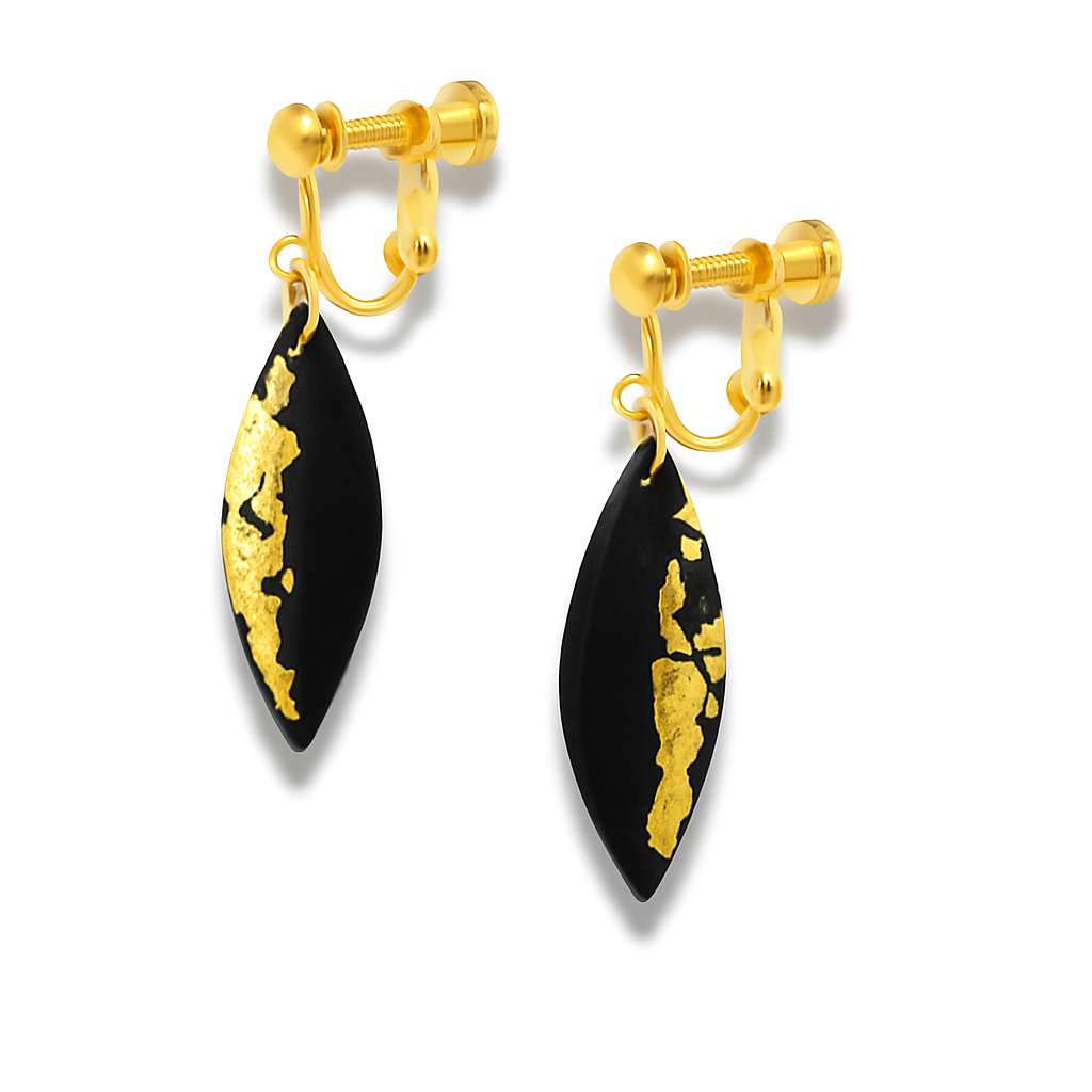 Handmade Black and Gold Leaf Earrings – Polymer Clay Marquise Dangle Earrings