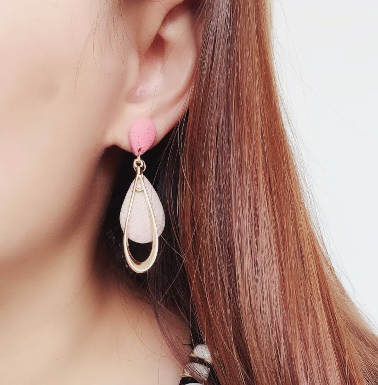 Pink Teardrop Dual-Layer Polymer Clay Earrings