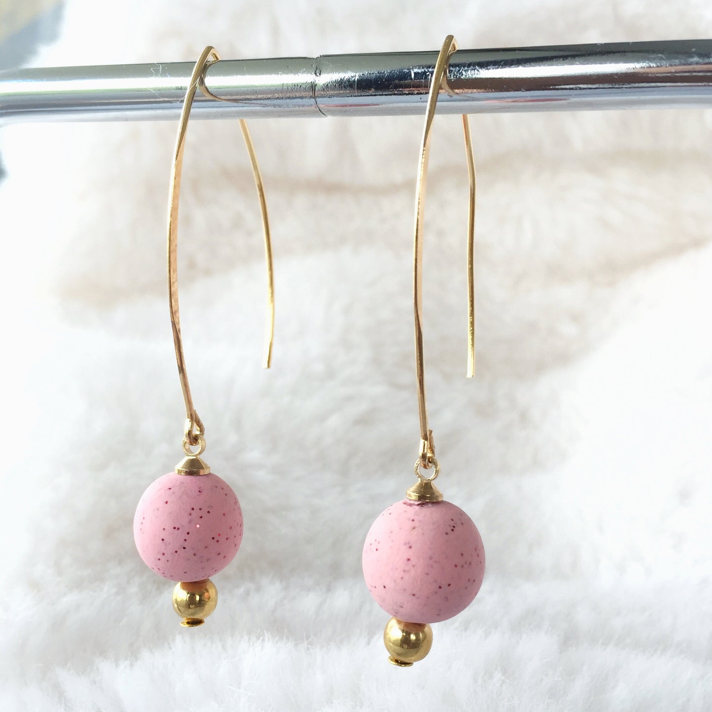 Minimalist Soft Pink Polymer Clay Bead Drop Earrings – Gold Hook Design