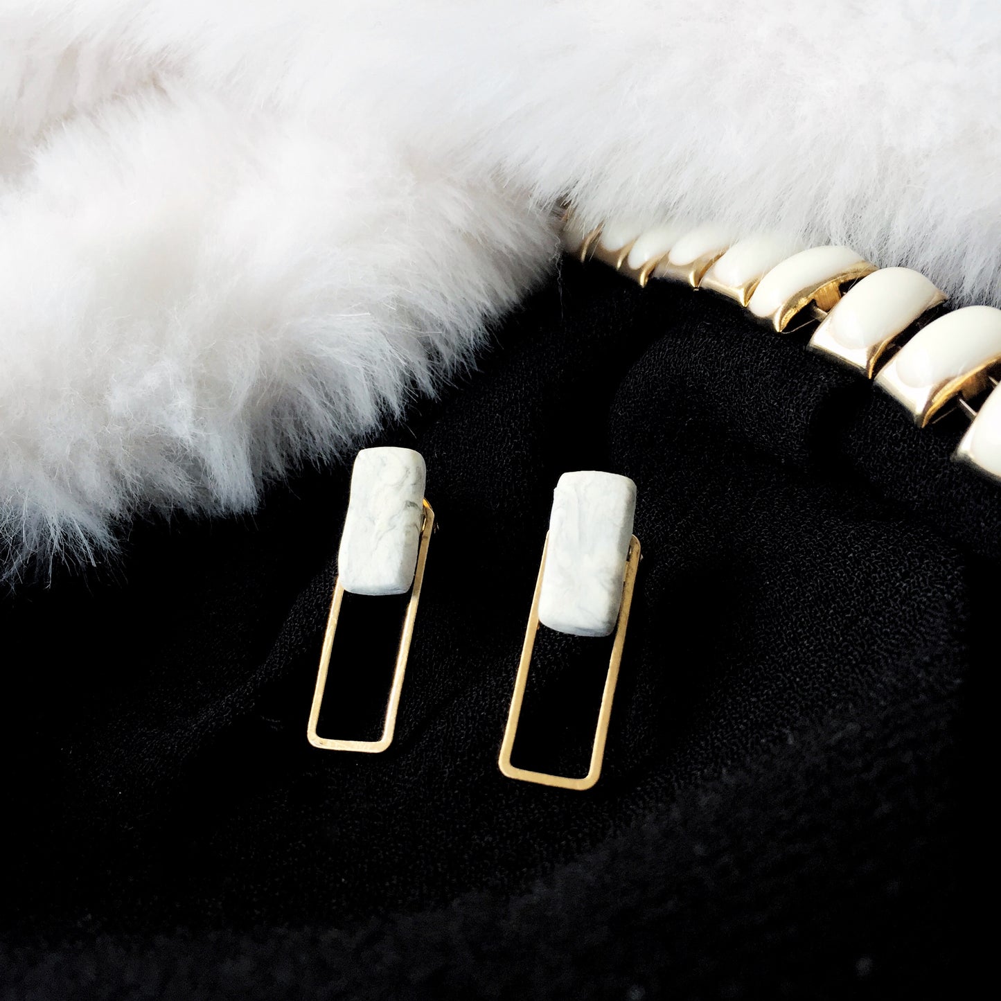 Marble Clay with Silver Rectangle Frame Stud Earrings