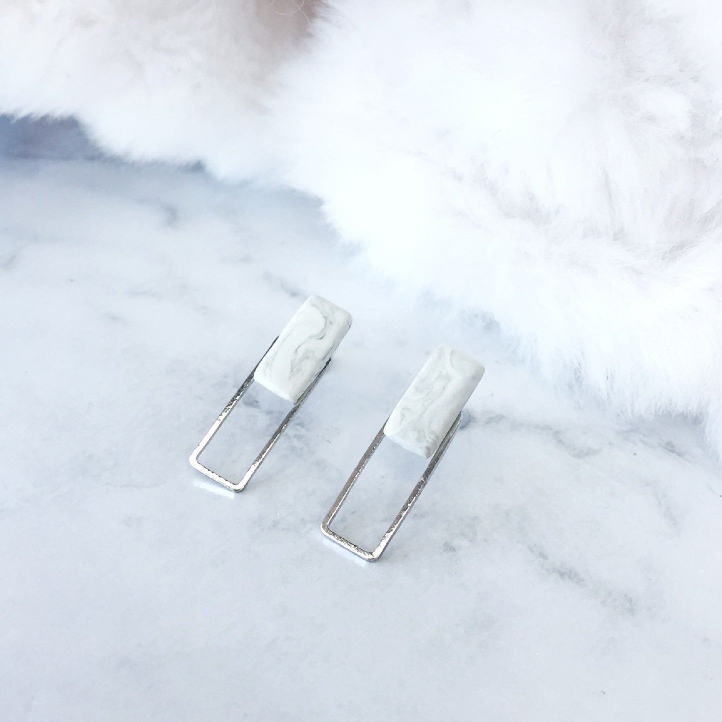 Marble Clay with Silver Rectangle Frame Stud Earrings