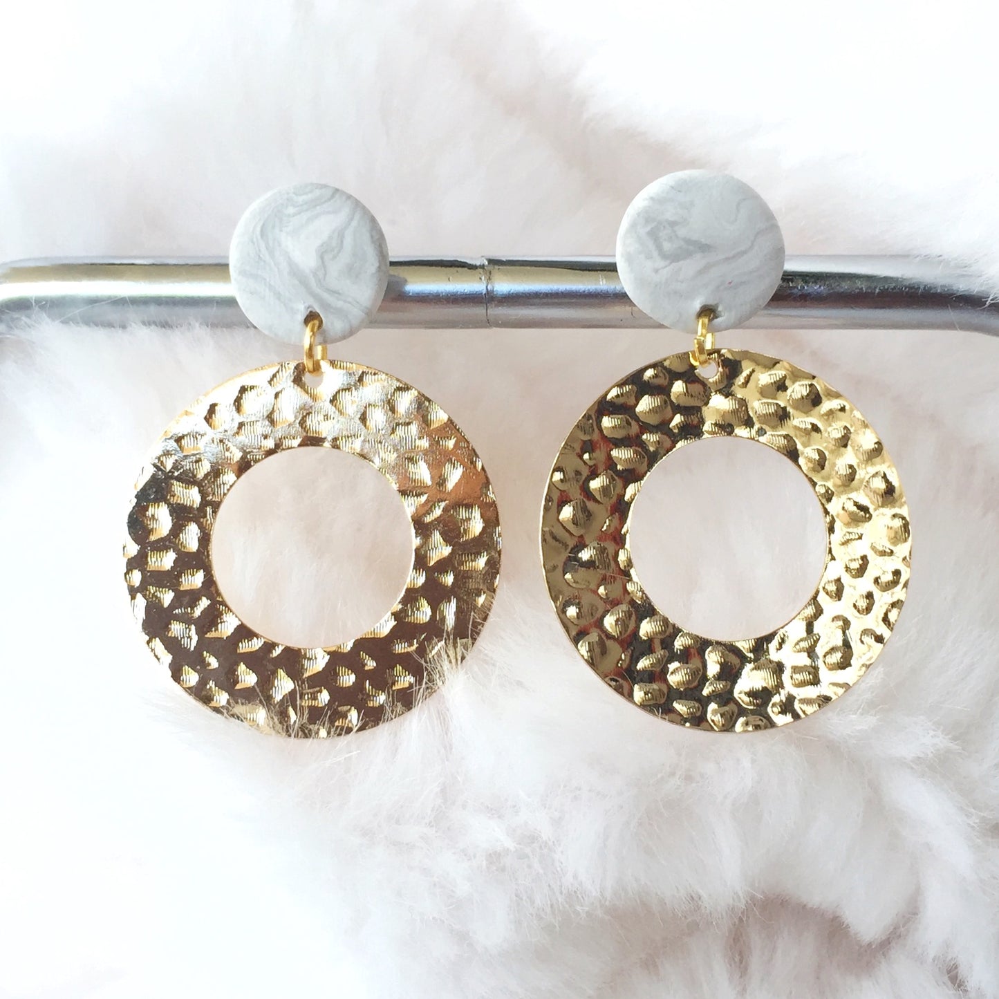Gold Textured Circle Earrings with Marble Clay Studs