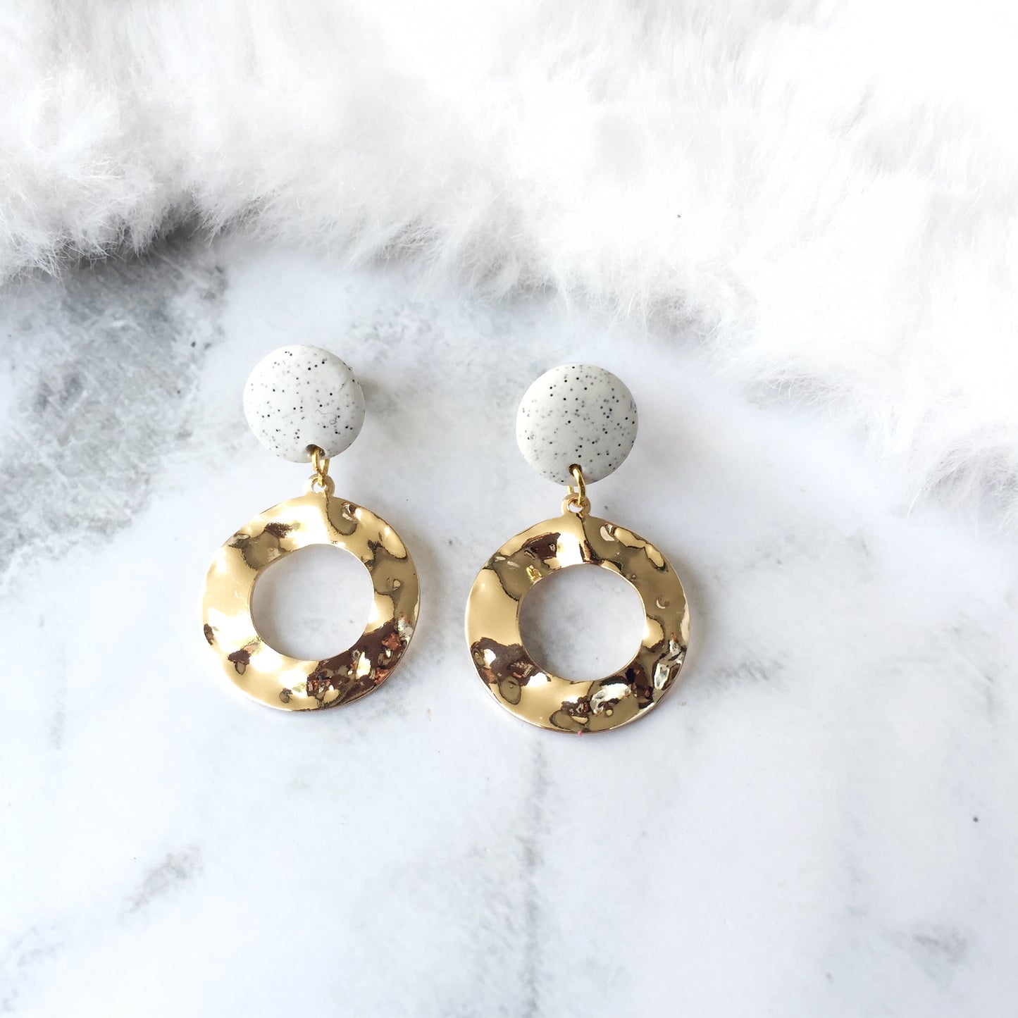 Golden Textured Metal Circle Earrings with Speckled Clay Earrings