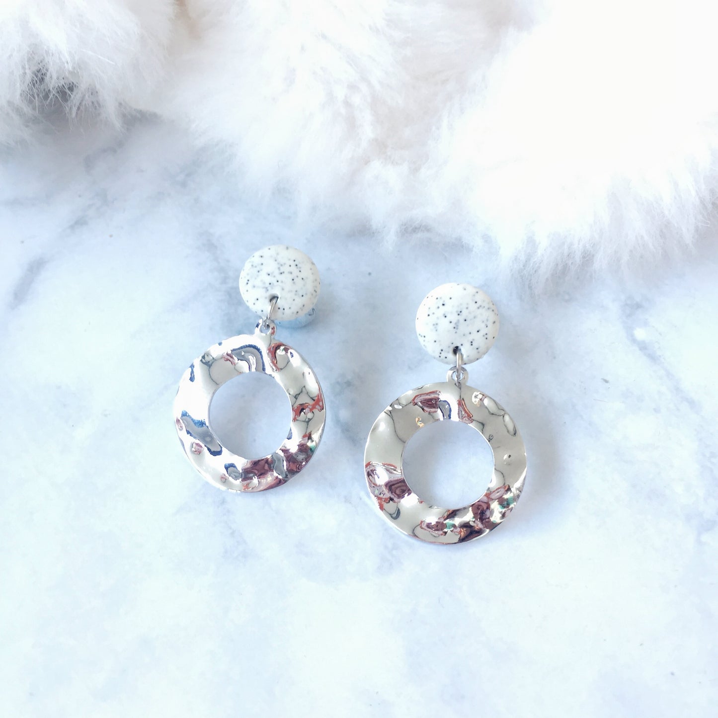 Golden Textured Metal Circle Earrings with Speckled Clay Earrings