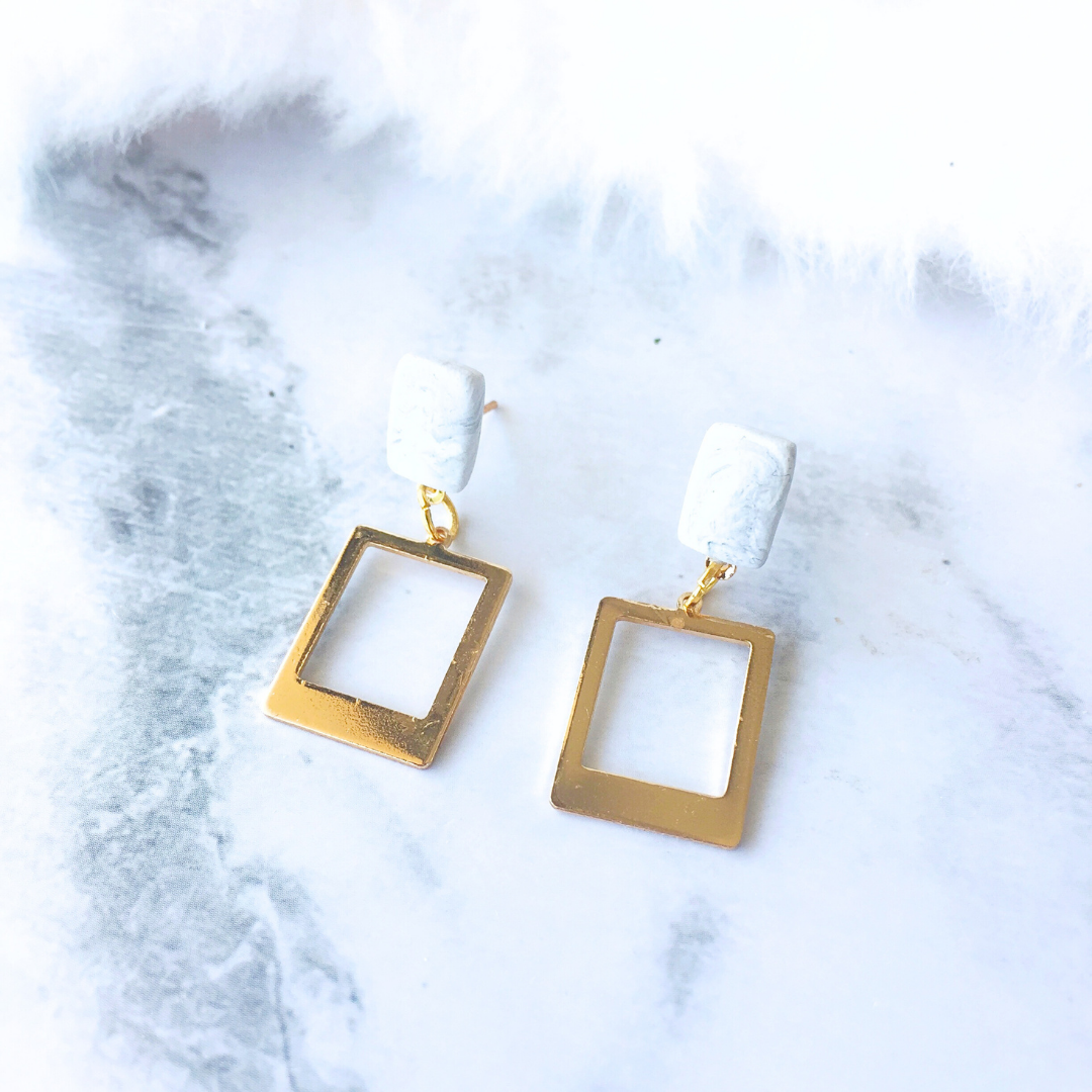 Marble Clay and Gold Geometric Drop Earrings