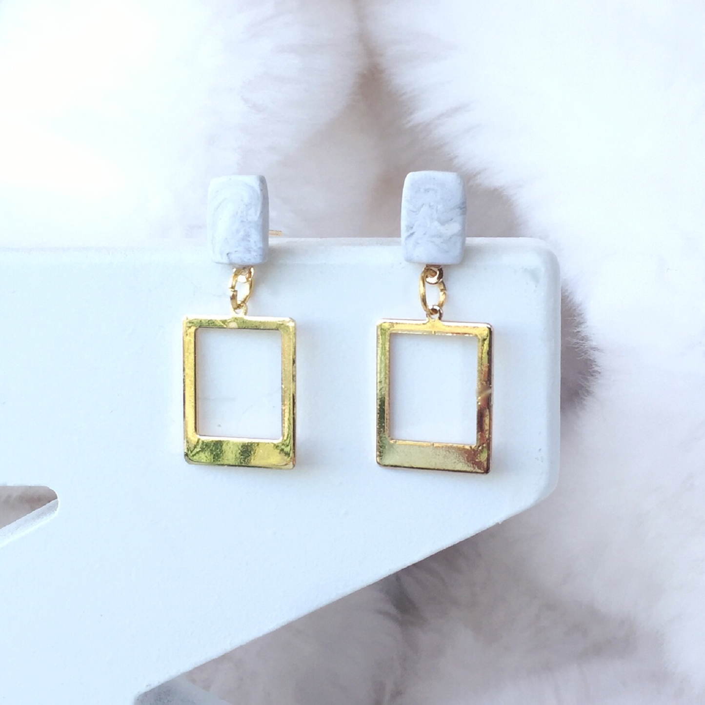 Marble Clay and Gold Geometric Drop Earrings