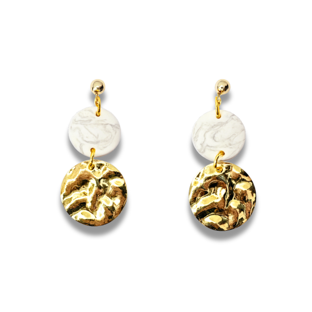 Marble Clay and Textured Gold Disc Earrings