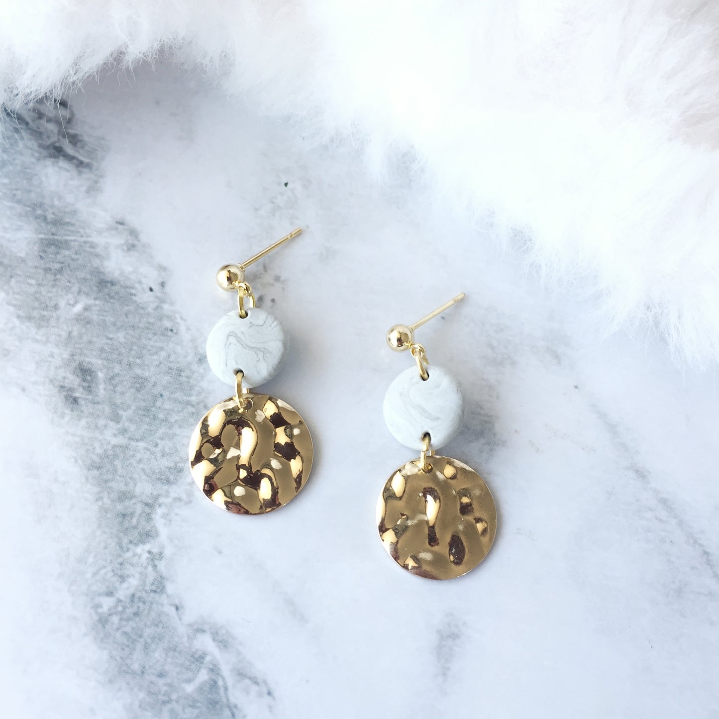 Marble Clay and Textured Gold Disc Earrings