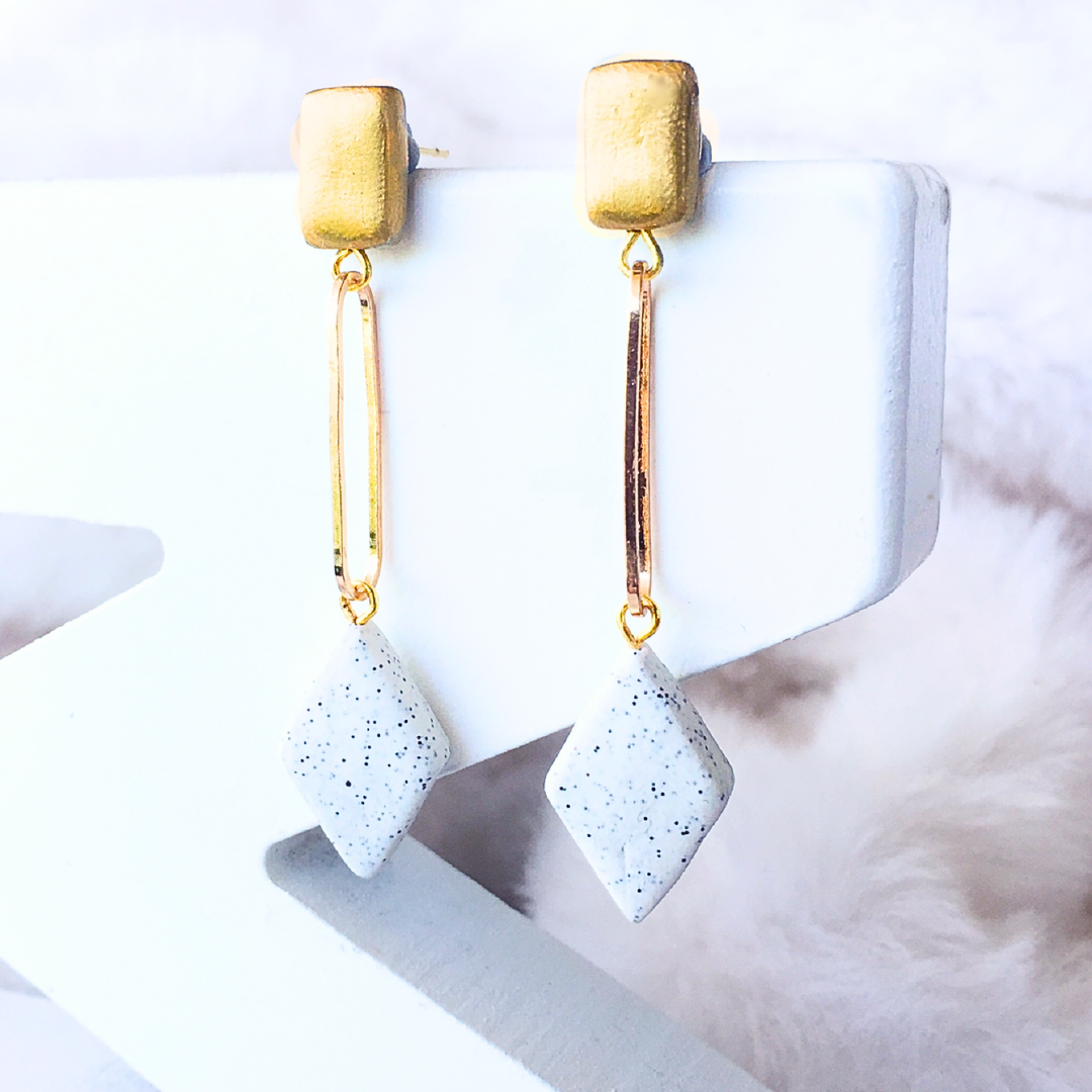 Geometric Gold & White Diamond Polymer Clay Earrings