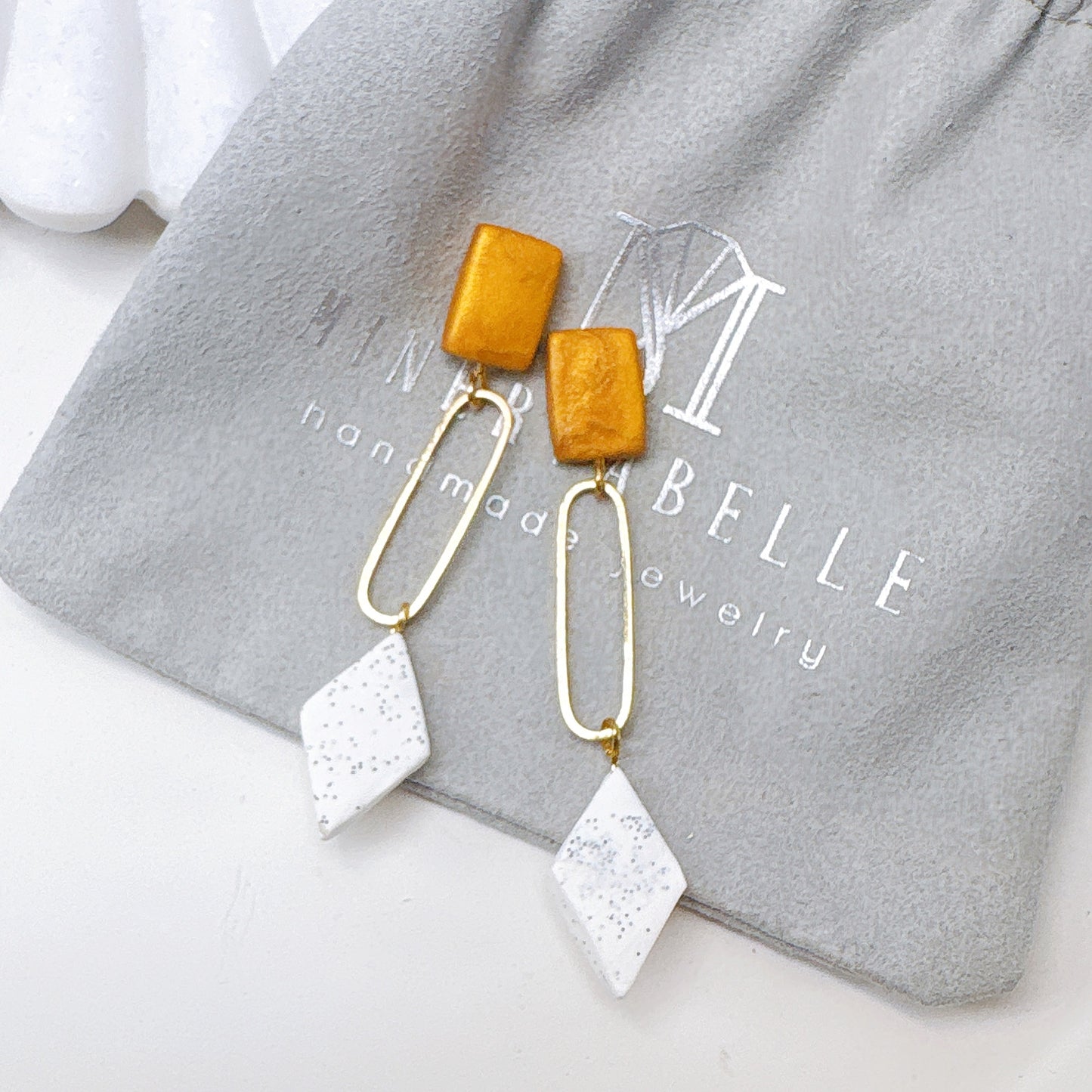 Geometric Gold & White Diamond Polymer Clay Earrings