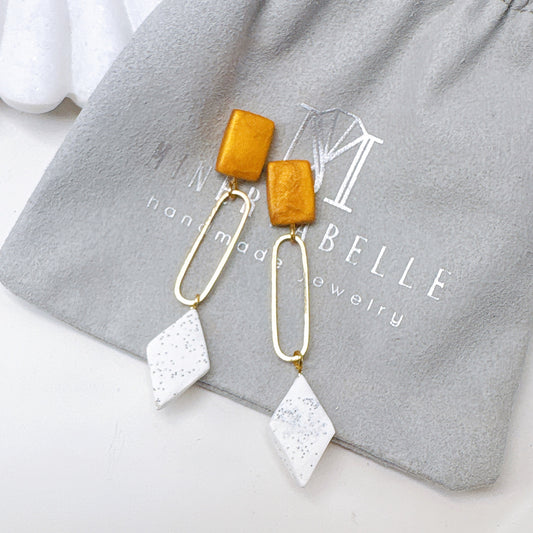 Geometric Gold & White Diamond Polymer Clay Earrings