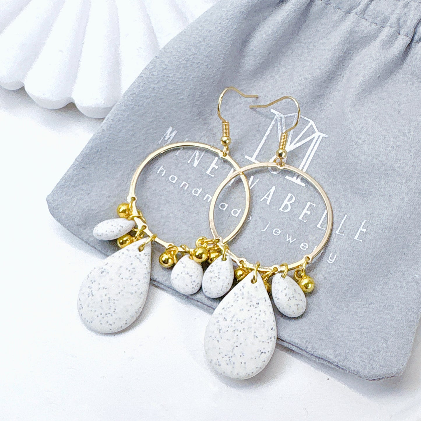 Speckled White Teardrop Hoop Earrings
