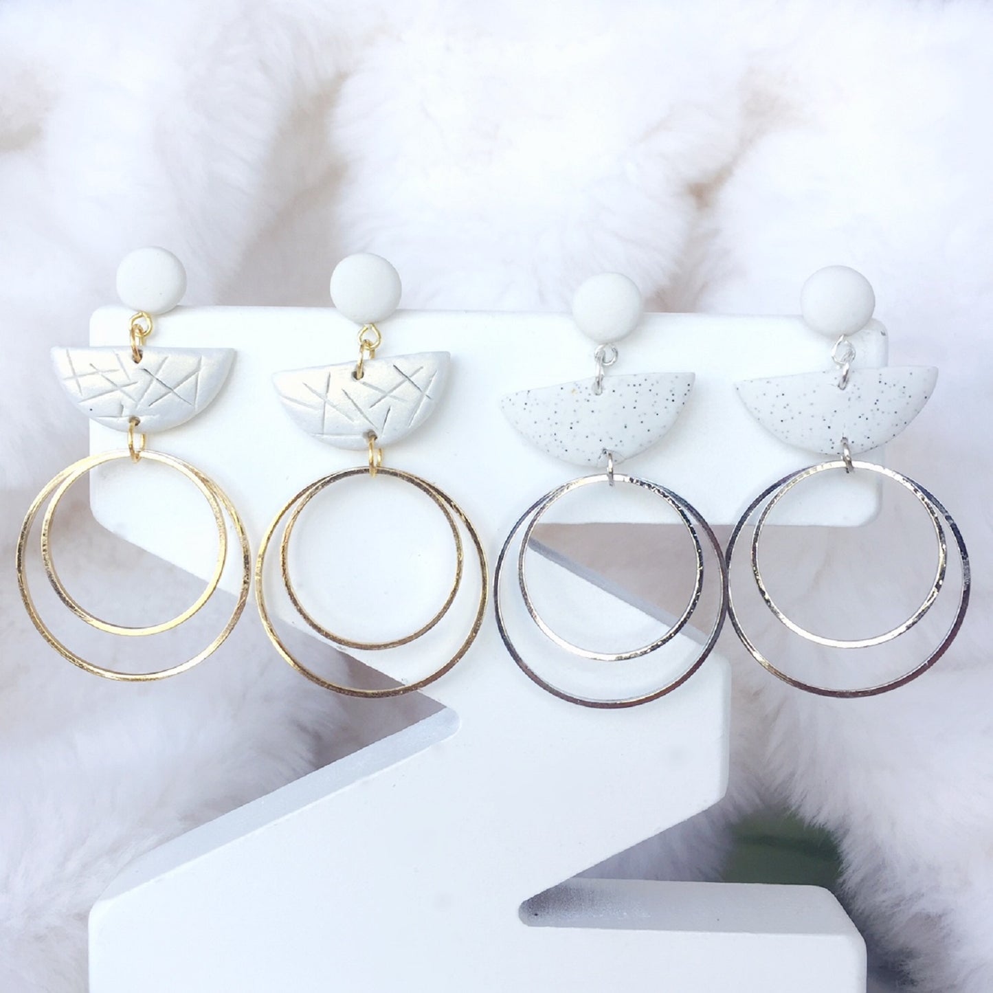 Golden Half-Moon Double Hoop Polymer Clay Earrings