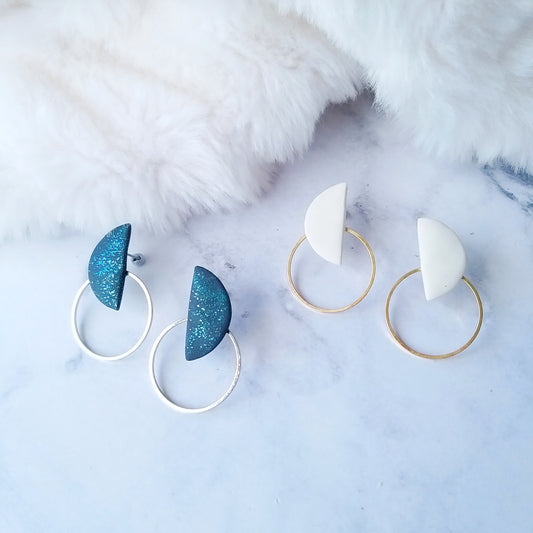 Glitter Blue Half-Moon Polymer Clay With Silver Hoop Earrings