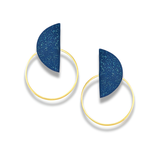 Glitter Blue Half-Moon Polymer Clay With Golden Hoop Earrings
