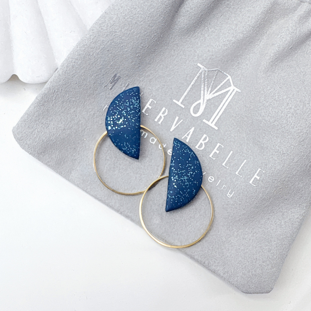 Glitter Blue Half-Moon Polymer Clay With Silver Hoop Earrings