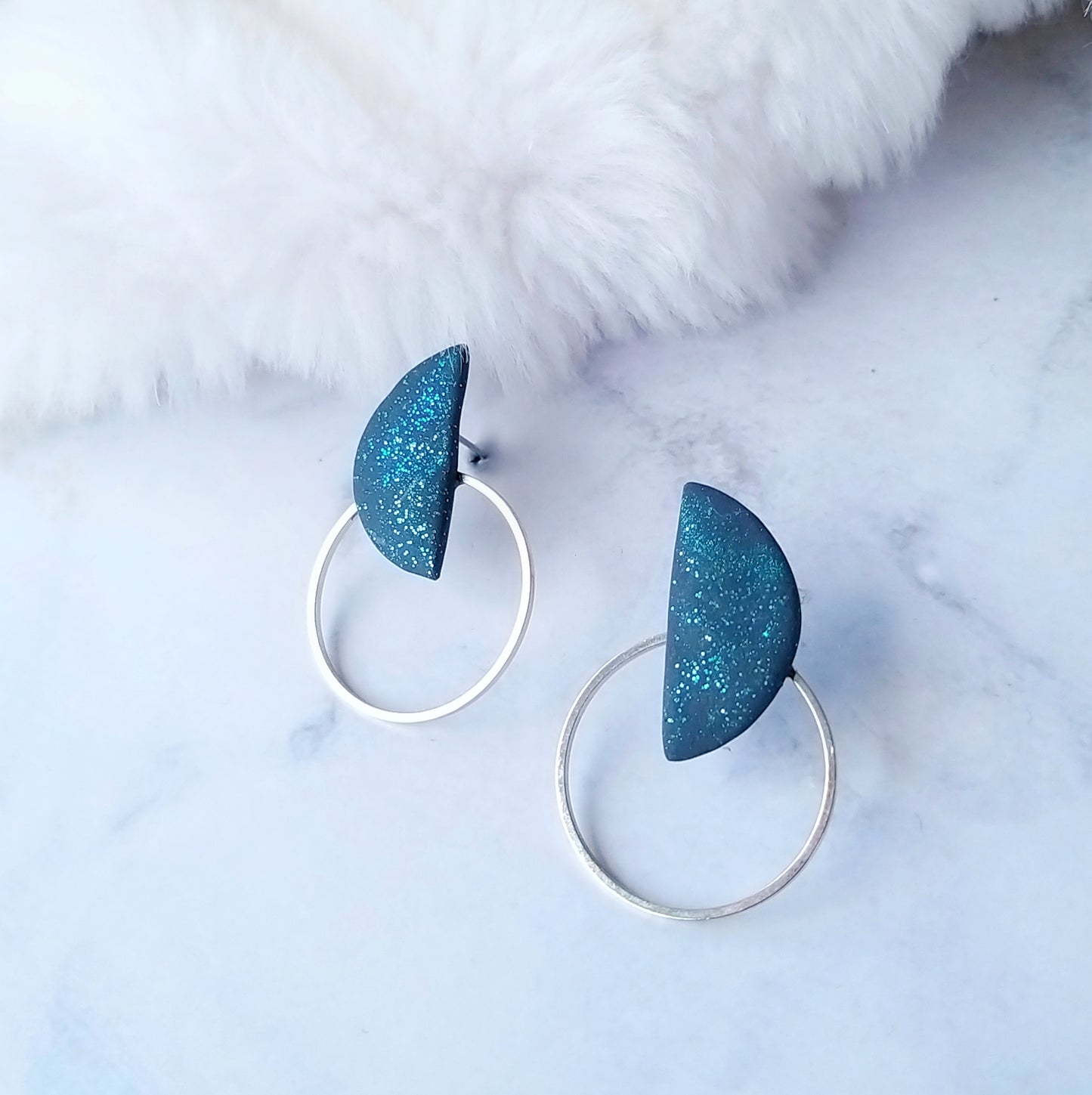 Glitter Blue Half-Moon Polymer Clay With Silver Hoop Earrings
