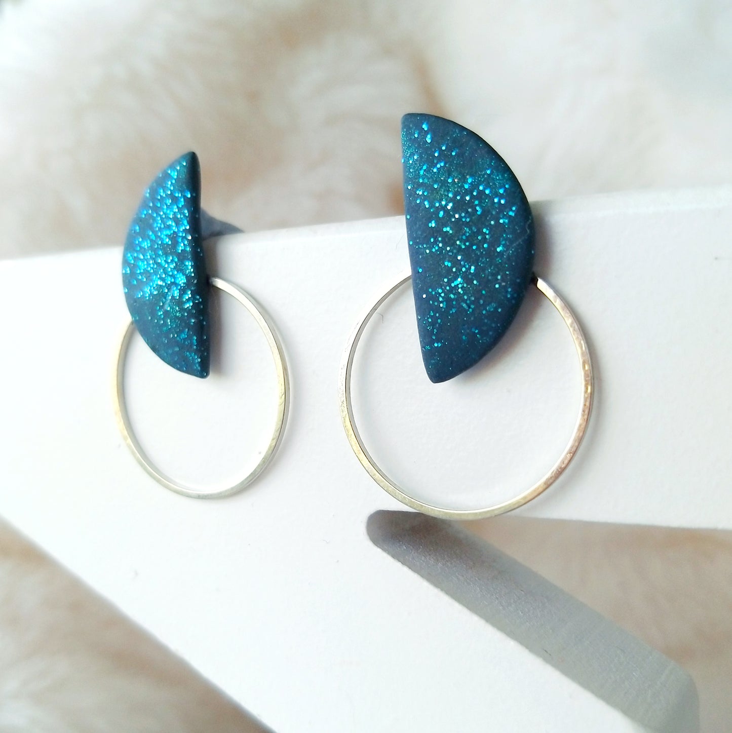 Glitter Blue Half-Moon Polymer Clay With Silver Hoop Earrings
