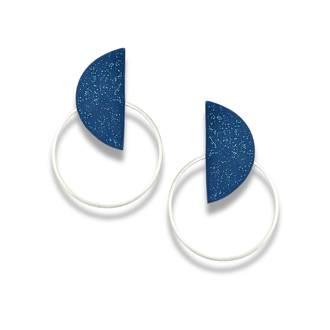 Glitter Blue Half-Moon Polymer Clay With Silver Hoop Earrings