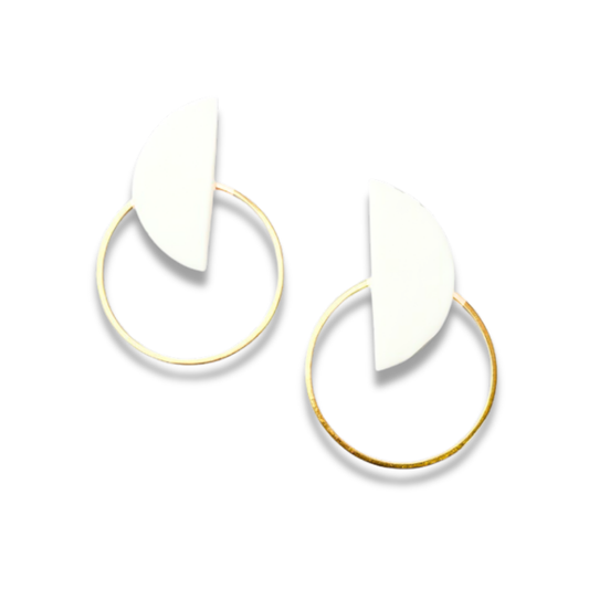 White Half-Moon Polymer Clay With Golden Hoop Earrings