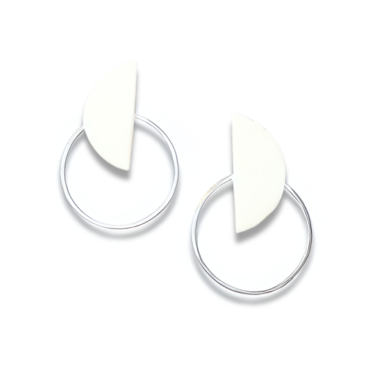 White Half-Moon Polymer Clay With Silver Hoop Earrings