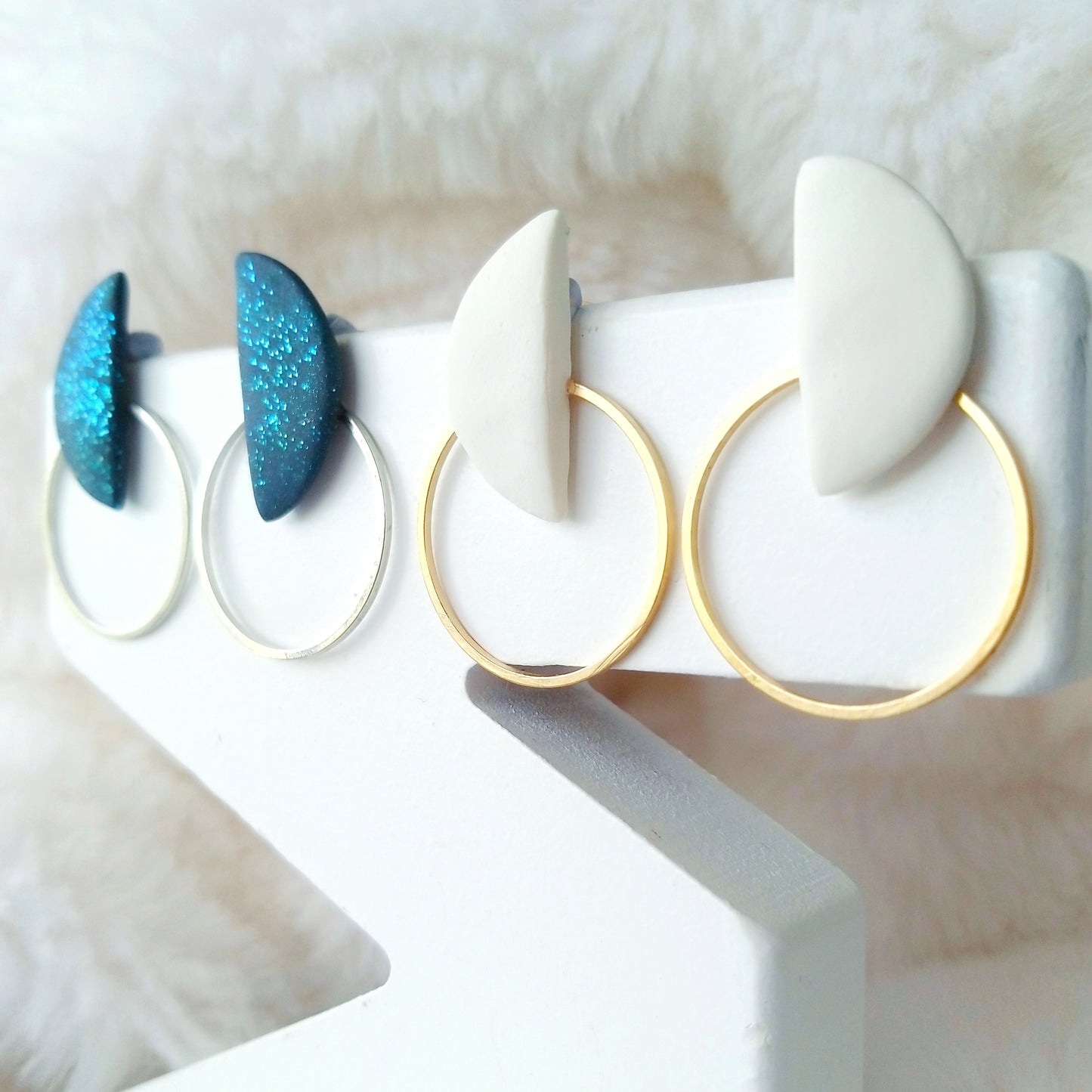 Glitter Blue Half-Moon Polymer Clay With Silver Hoop Earrings
