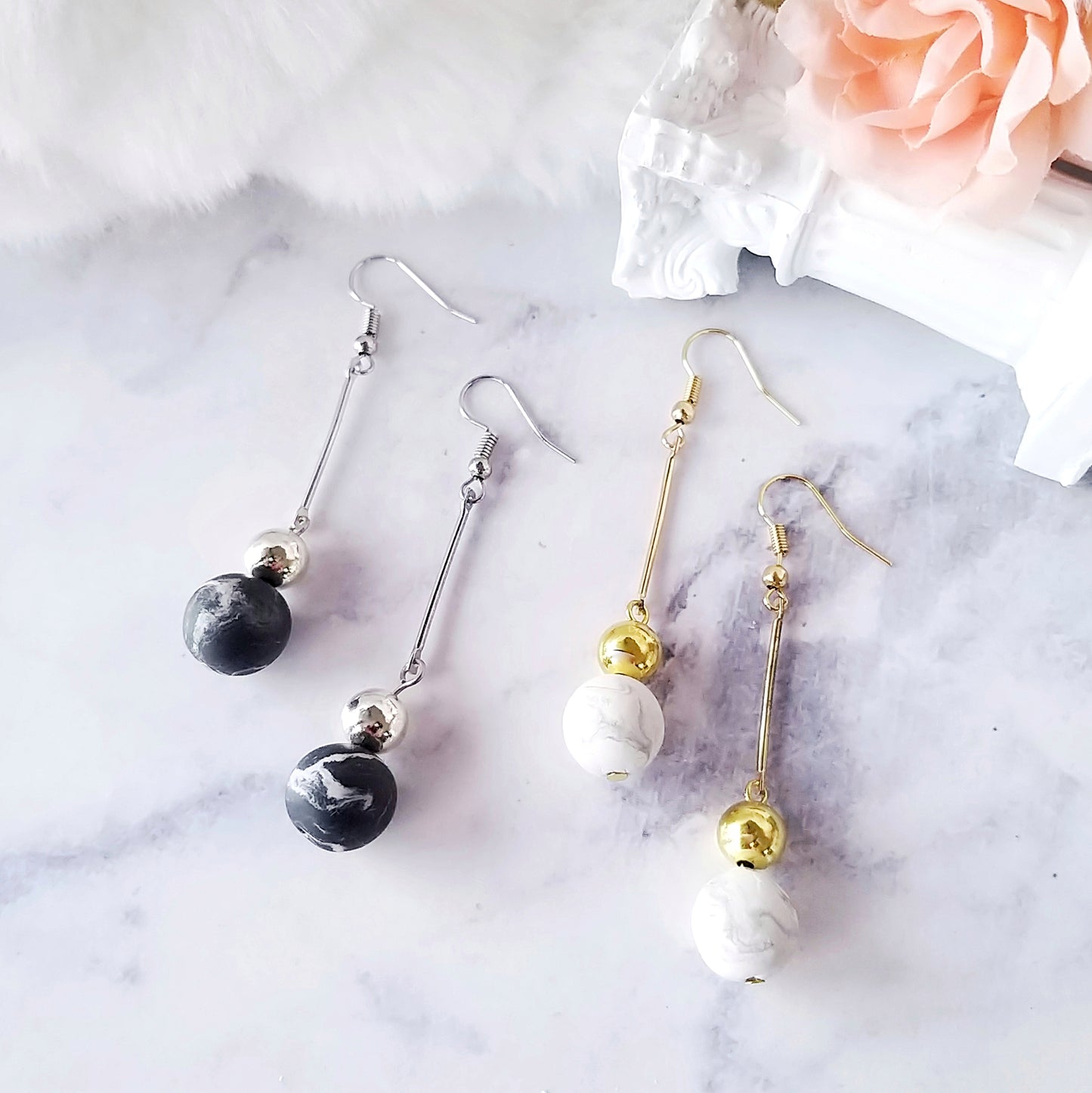 White Marble Ball Dangle Earrings