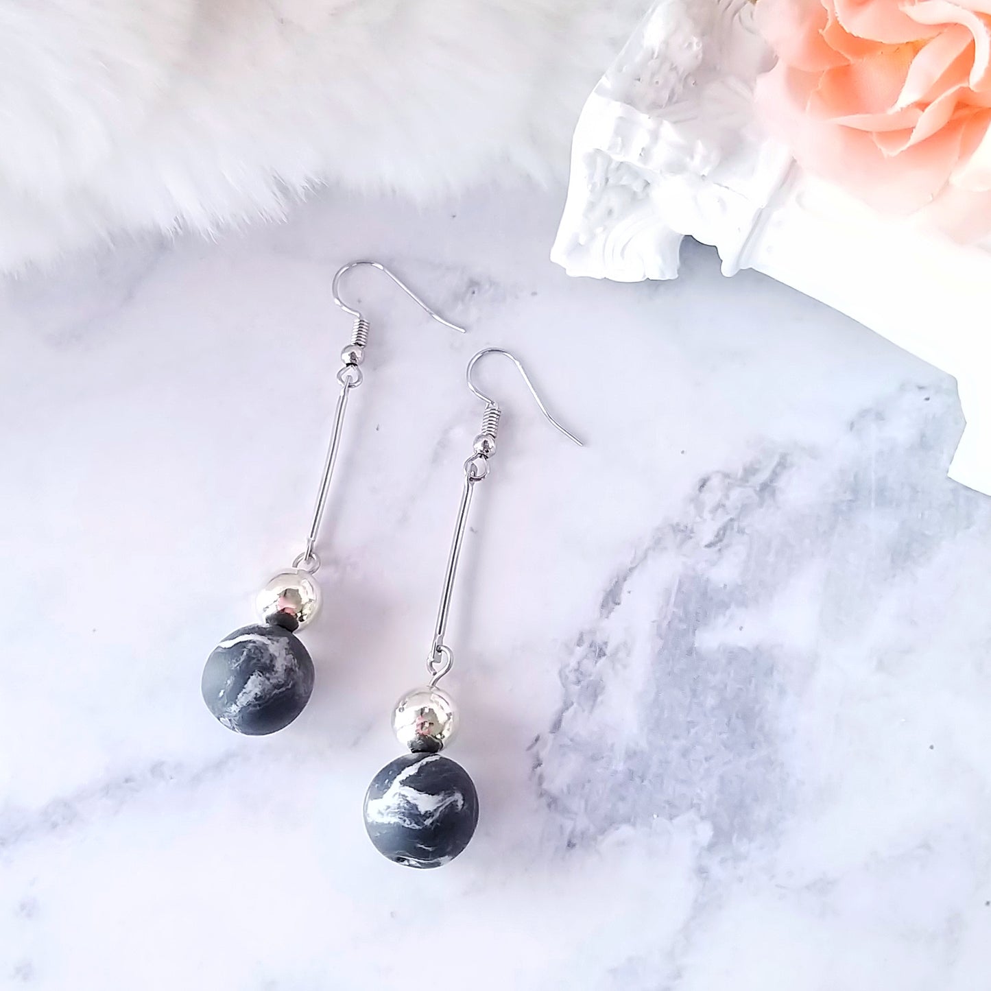 Black Marble Ball Dangle Earrings