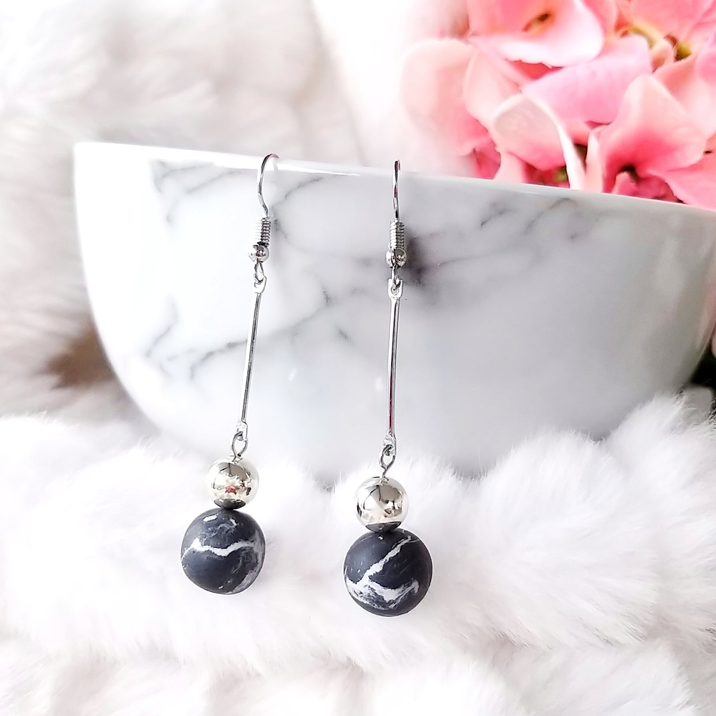 Black Marble Ball Dangle Earrings