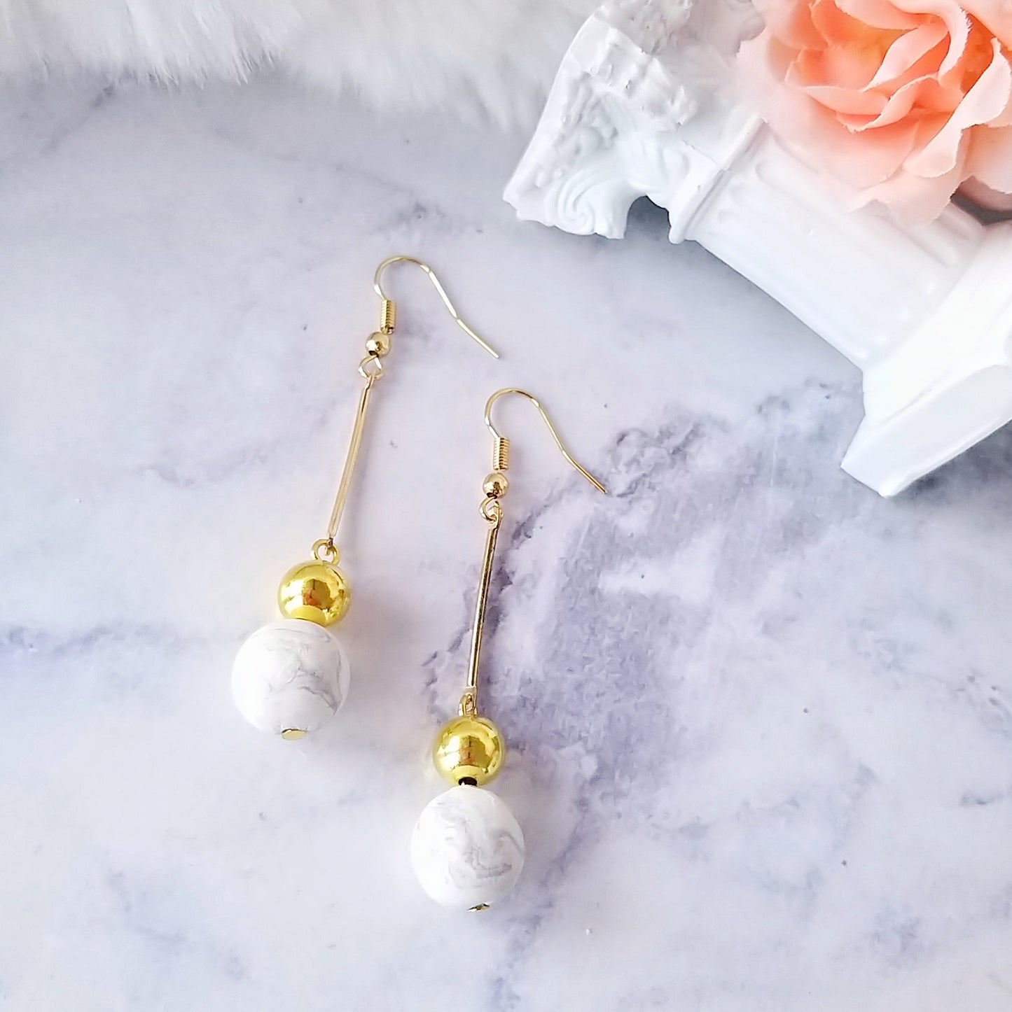 White Marble Ball Dangle Earrings