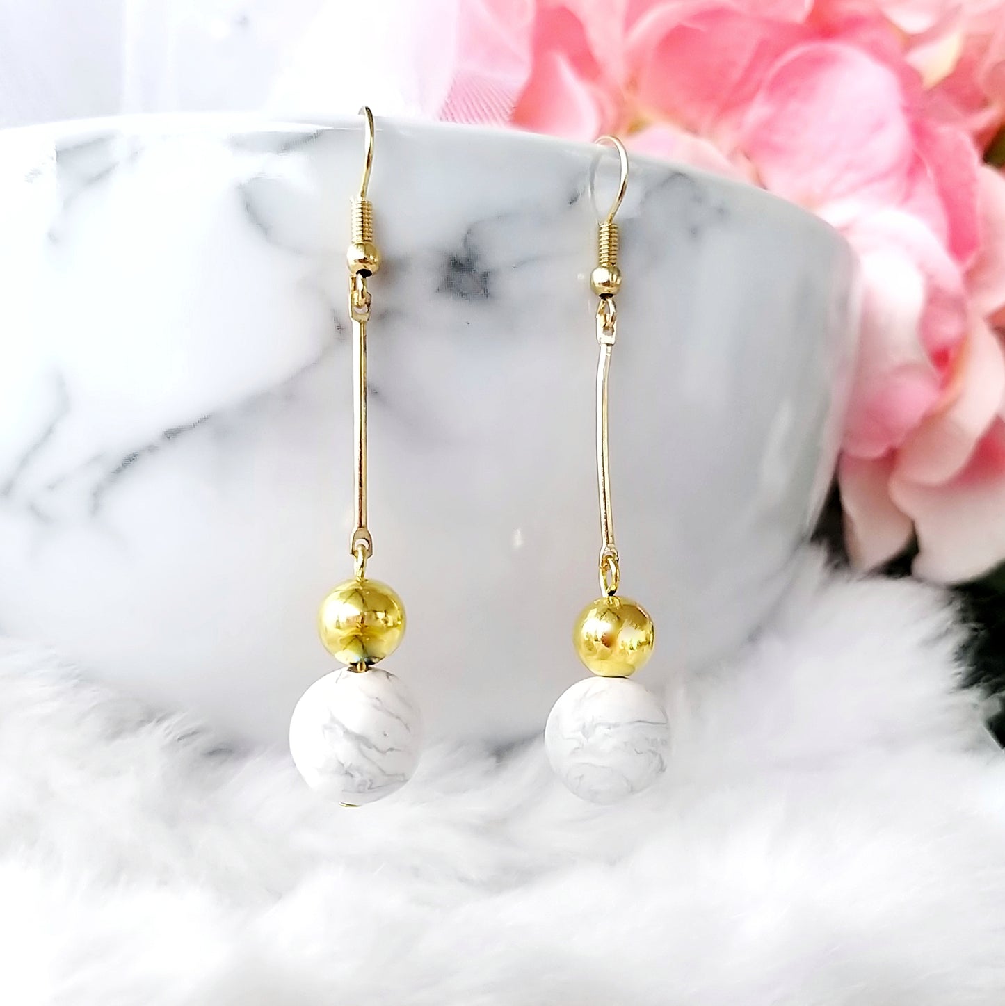 White Marble Ball Dangle Earrings