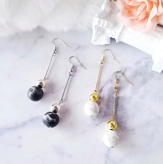 Black Marble Ball Dangle Earrings