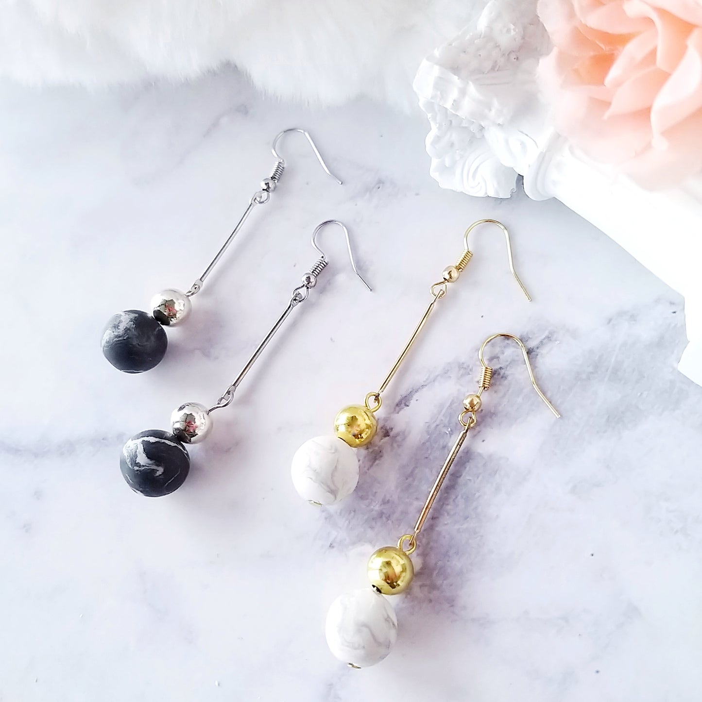 Black Marble Ball Dangle Earrings