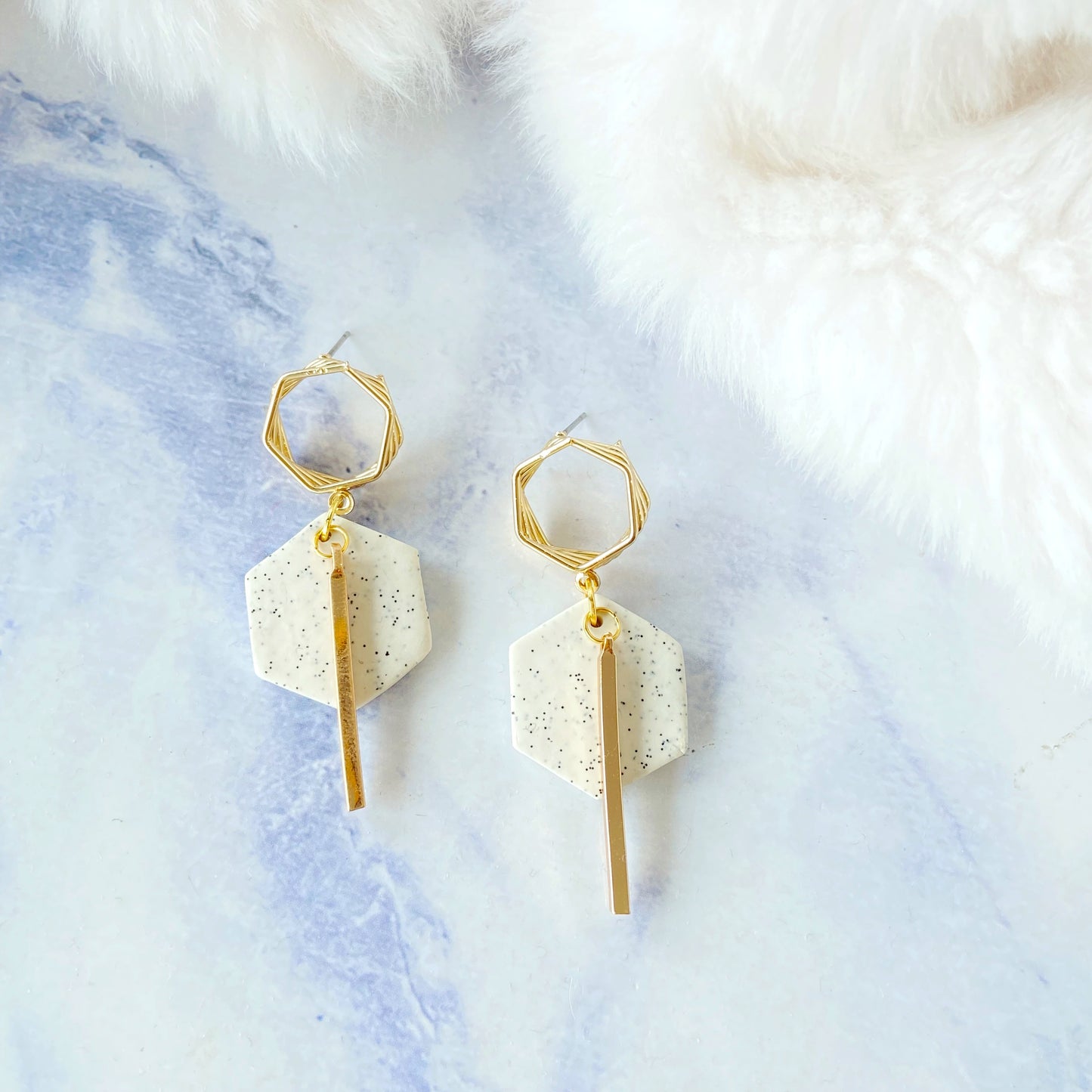 Hexagon Speckled Clay Earrings with Twisted Gold Hoop and Bar