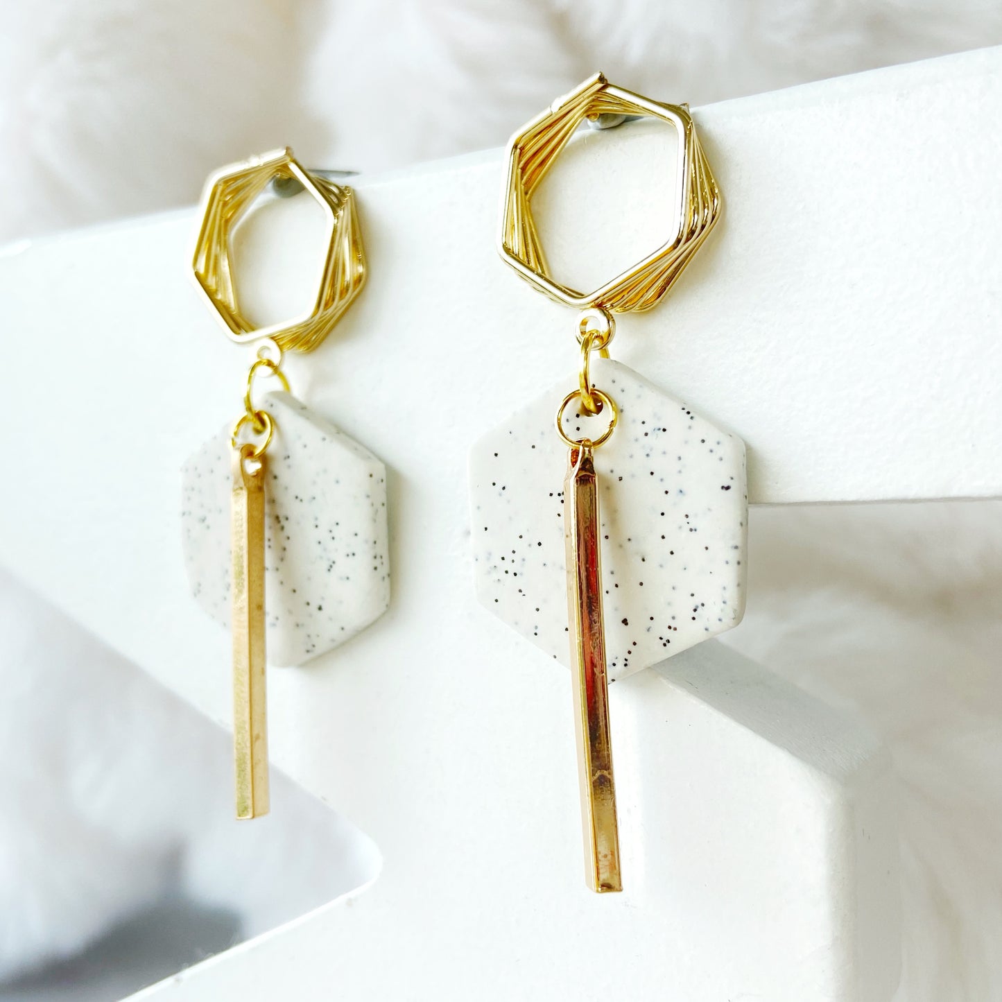 Hexagon Speckled Clay Earrings with Twisted Gold Hoop and Bar