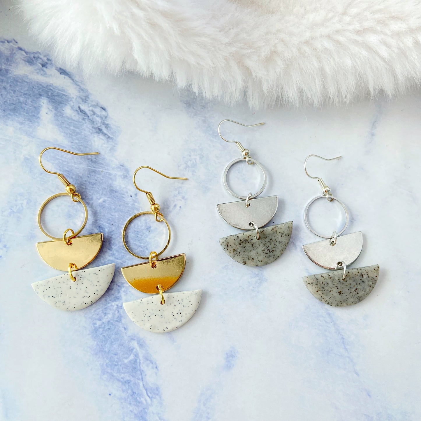 Silver Grey Stone Polymer Clay Layered Semi-Circle Dangle Earrings