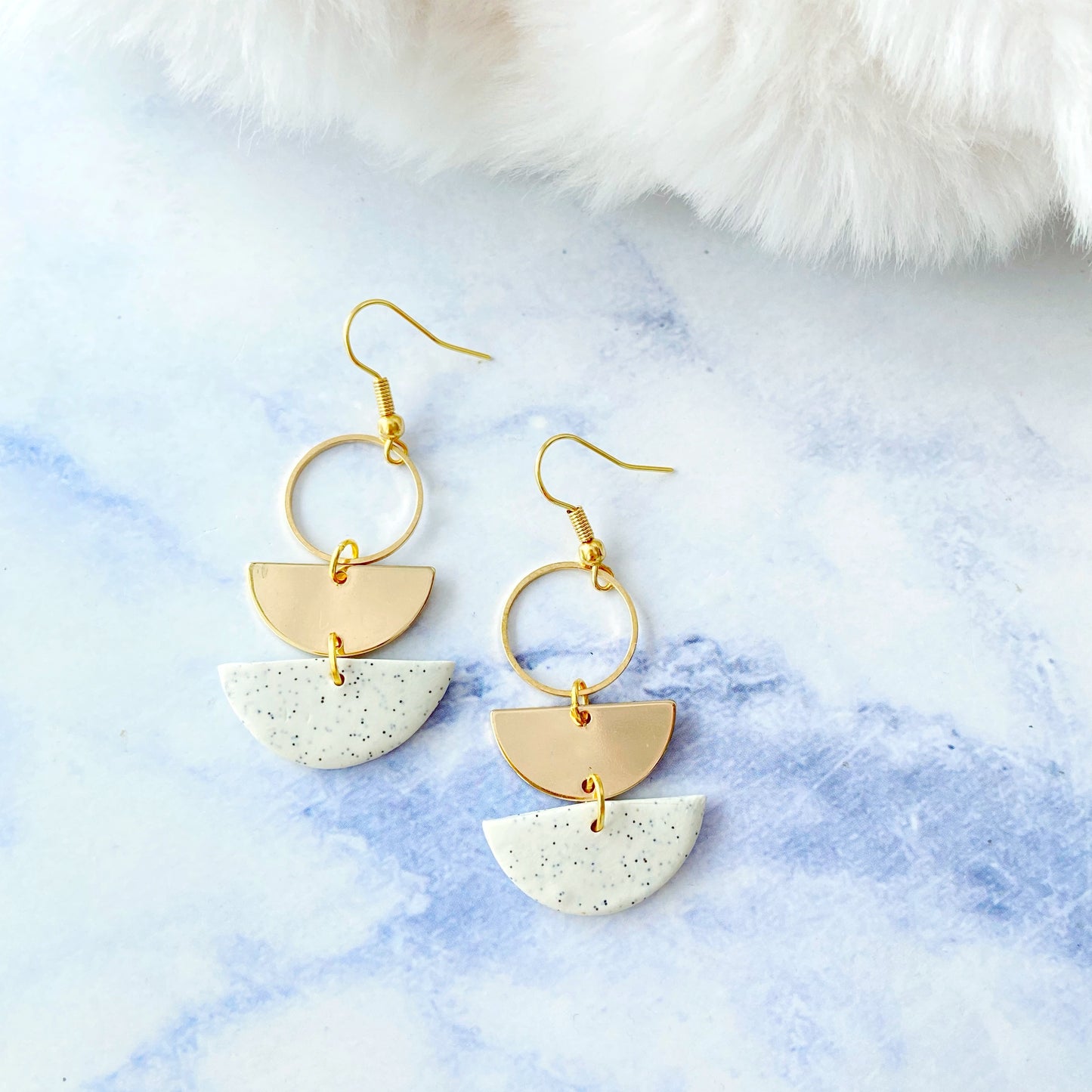 Silver Grey Stone Polymer Clay Layered Semi-Circle Dangle Earrings