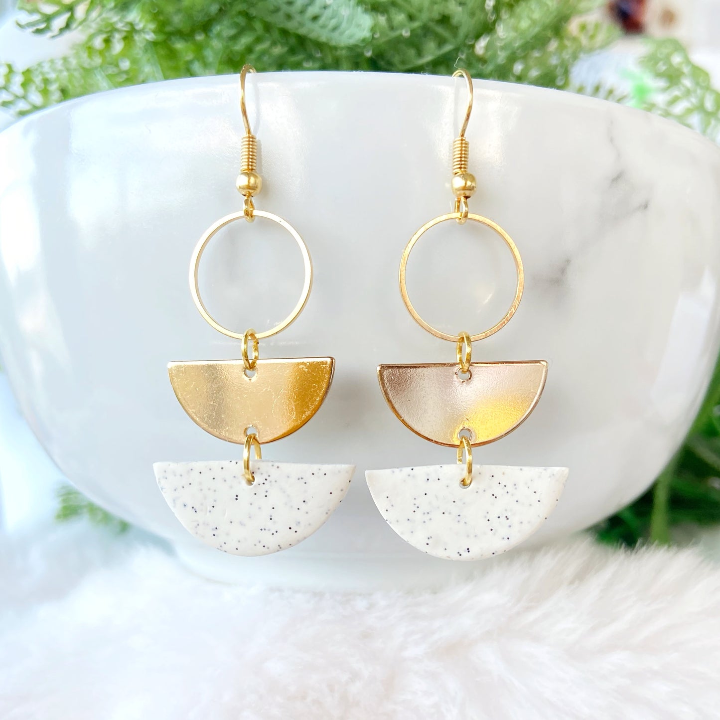 Silver Grey Stone Polymer Clay Layered Semi-Circle Dangle Earrings